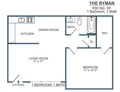 1 Bedroom 1 Bath Floor Plan, 630 SF at Madison Flats, Madison, Tennessee.